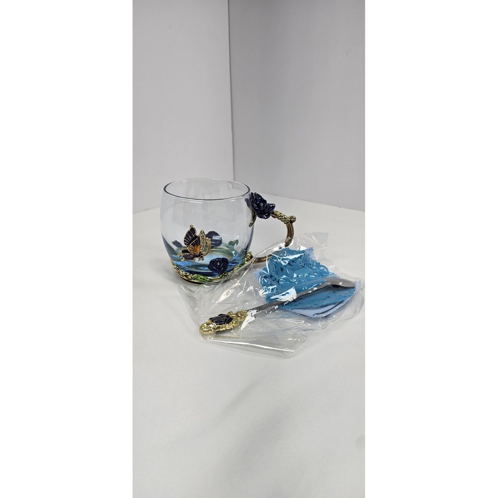 Arc of France Jeweled Enameled Glass‎ Tea Cup Butterfly Roses Spoon Set Gift